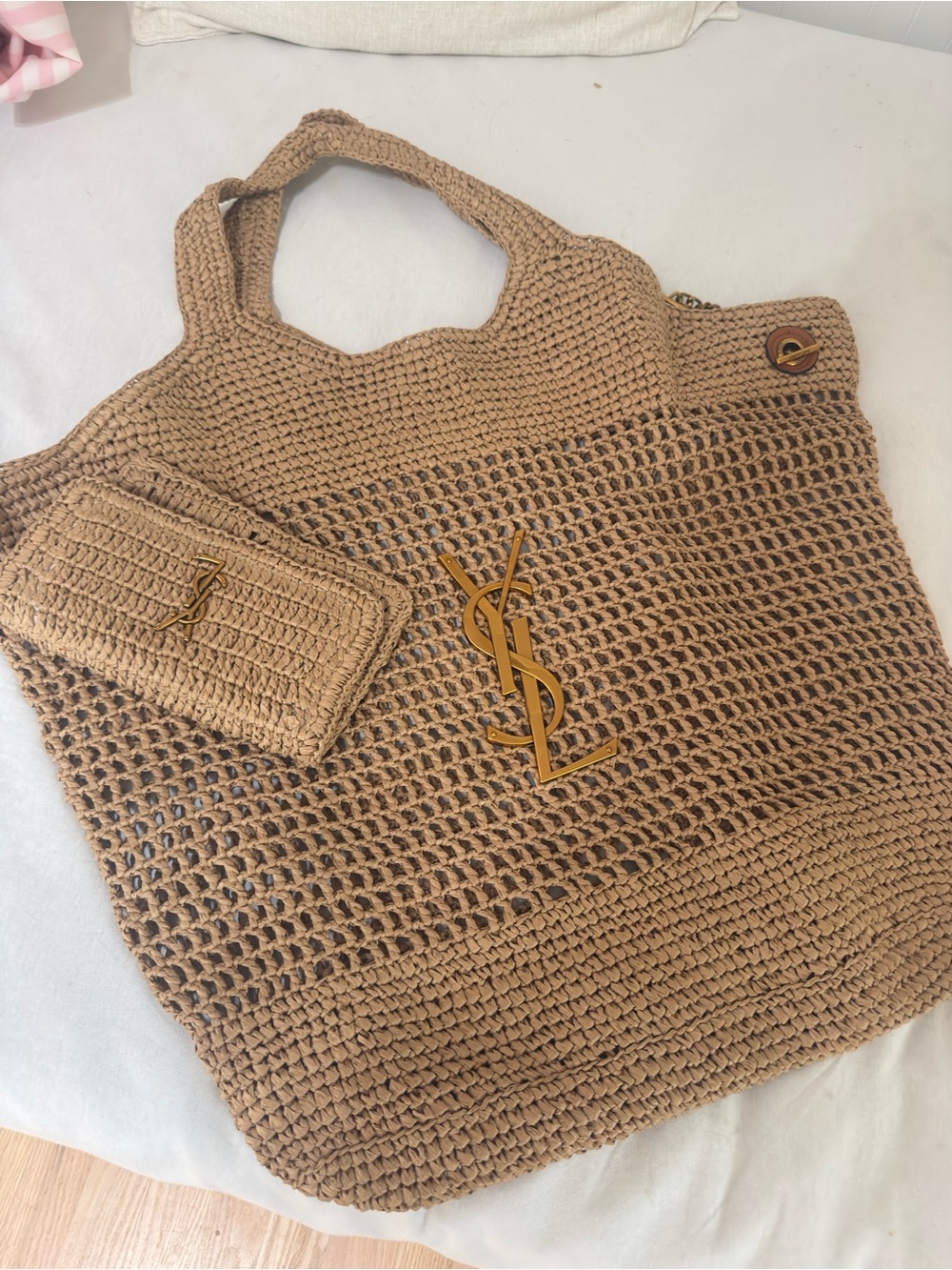 Saint Laurent-Inspired Tan Crochet Tote with Removable Pouch